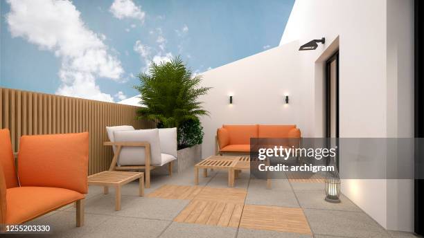 computergeneriertes bild des balkons. architektonische visualisierung. 3d-rendering. innenarchitektur - dachterrasse stock-fotos und bilder