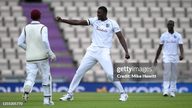 West Indies captain Jason Holder celebrates dismissing England captain Ben Stokes during day two of the 1st #RaiseTheBat Test match at The Ageas Bowl...
