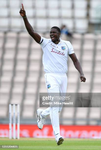 West Indies captain Jason Holder celebrates dismissing Jos Buttler of England during day two of the 1st #RaiseTheBat Test match at The Ageas Bowl on...