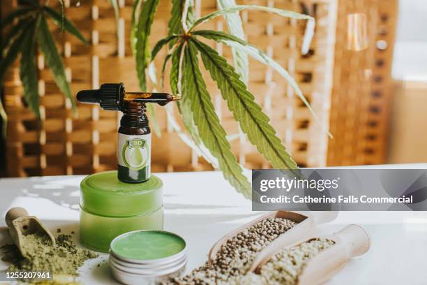 still-life selection of cbd products, conveying vast possibilities of cannabis as an ingredient in an alternative therapies, lifestyle and treatments. - cbd oil stock pictures, royalty-free photos & images