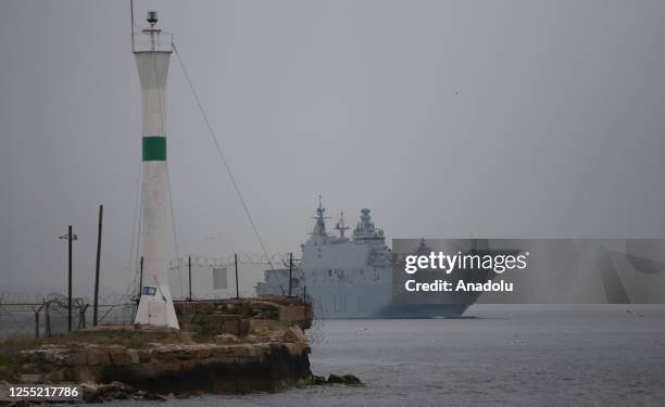 Anadolu , Turkiye's largest warship passes through the Canakkale Strait, in Turkiye on May 16, 2023.