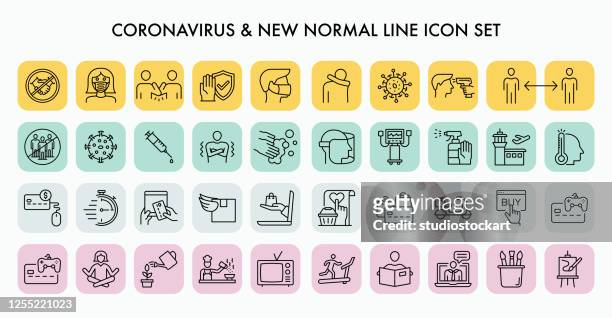 coronavirus new normal line icon set - fever stock illustrations