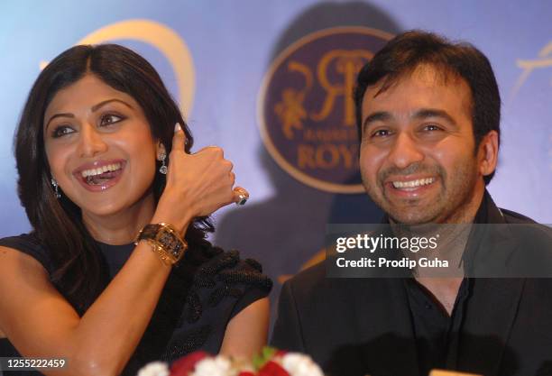 Shilpa Shetty and Raj Kundra attend the IPL team Rajasthan Royal press conference on February 03, 2009 in Mumbai, India.