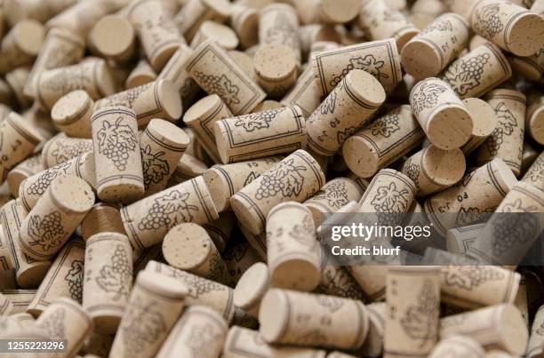 close-up of corks from wine bottles - bottle stopper stock pictures, royalty-free photos & images
