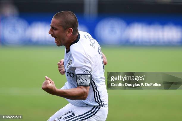Alejandro Bedoya of Philadelphia Union reacts after scoring a goal during the second half against the New York City FC in the MLS is Back Tournament...
