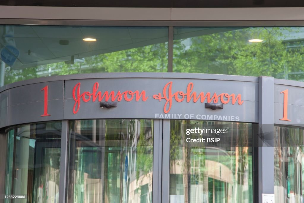 Close-up of the logo of the American pharmaceutical group Johnson & Johnson