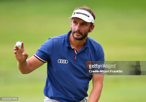 Joost Luiten of the Netherlands celebrates a birdie on the 18th green during the first round of the Austrian Open at Diamond Country Club on July 09,...