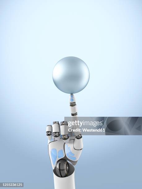 three dimensional render of robotic arm balancing sphere on top of finger - robotic arm stock illustrations