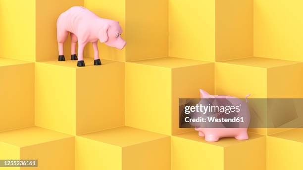 ilustrações de stock, clip art, desenhos animados e ícones de three dimensional render of full and empty piggy banks looking at each other - pobreza questão social