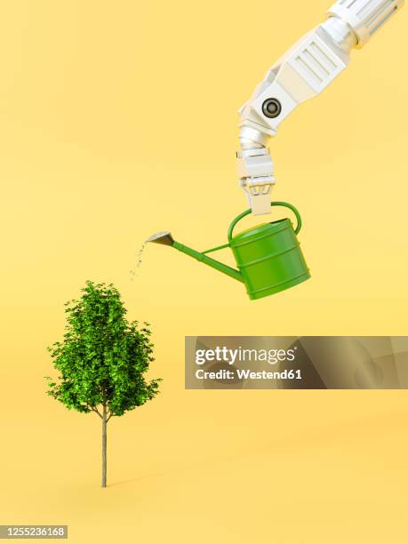 three dimensional render of robotic arm watering tree - robotics stock-grafiken, -clipart, -cartoons und -symbole