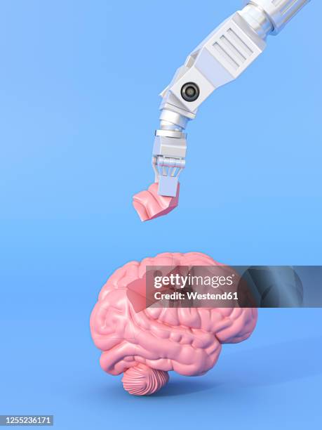 three dimensional render of robotic arm assembling human brain - robotic arm stock illustrations