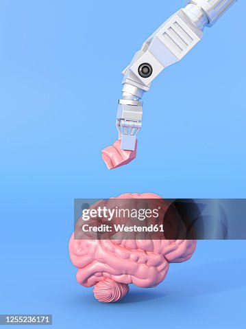 Three dimensional render of robotic arm assembling human brain Three dimensional render of robotic arm assembling human brain