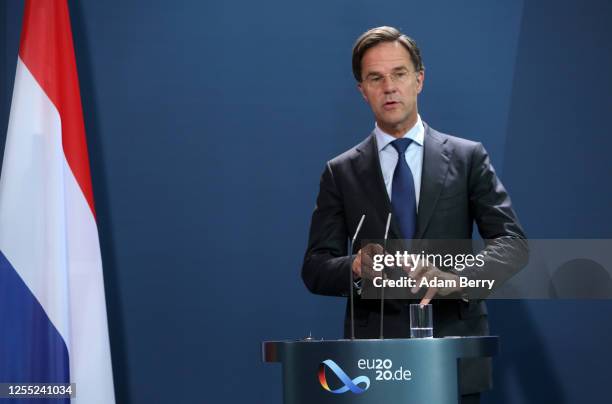 Dutch Prime Minister Mark Rutte attends a news conference with German Chancellor Angela Merkel at the German federal Chancellery on July 09, 2020 in...