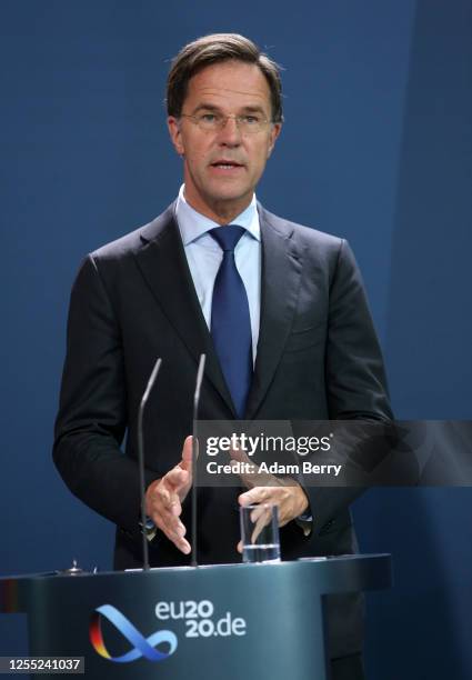 Dutch Prime Minister Mark Rutte attends a news conference with German Chancellor Angela Merkel at the German federal Chancellery on July 09, 2020 in...