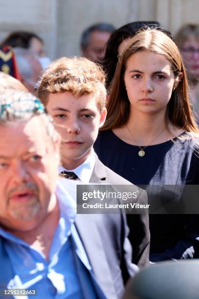 Alastair Cuddeford, Allegra de Clermont Tonnerre and Calixte de Clermont Tonnerre attend Duchess Hermine de Clermont-Tonnerre Funeral at Eglise...