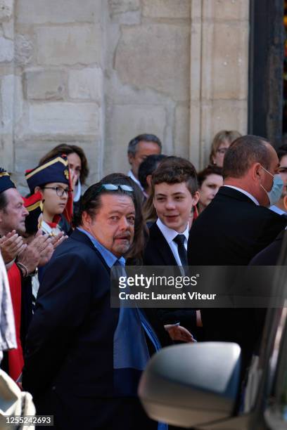 Alastair Cuddeford, Allegra de Clermont Tonnerre and Calixte de Clermont Tonnerre attend Duchess Hermine de Clermont-Tonnerre Funeral at Eglise...