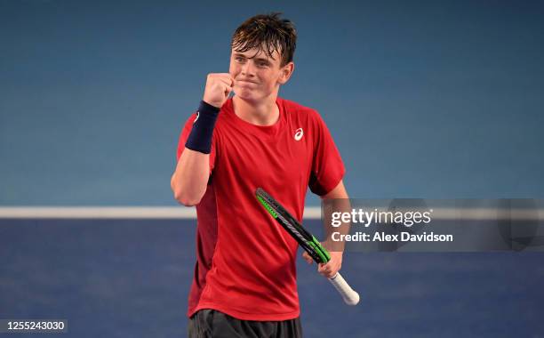 Jack Pinnington Jones celebrates during Day One of Week Two of the British Tour at The National Tennis Centre on July 09, 2020 in London, England.