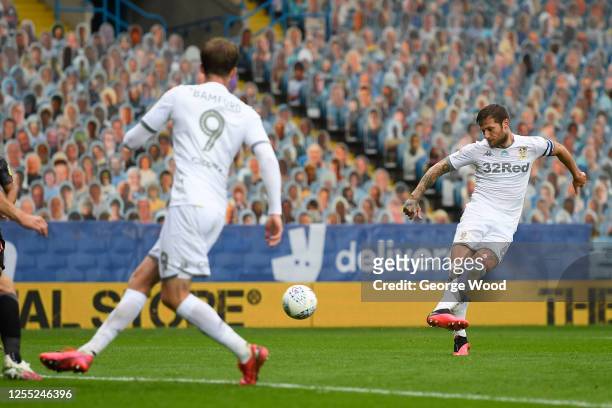 Liam Cooper of Leeds United scores his team's third goal during the Sky Bet Championship match between Leeds United and Stoke City at Elland Road on...