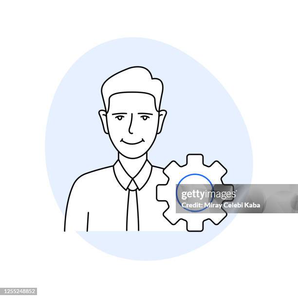 development related line icon set. outline symbol icons - team looking at computer screen stock illustrations