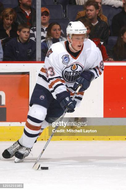 Ales Hemsky of the Edmonton Oilers skates with the puck during a NHL hockey game against the Washington Capitals at MCI Center on January 11, 2004 in...