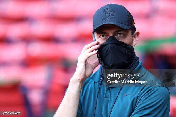 Red Sox Chief Baseball Officer Chaim Bloom takes a phone call during Summer Workouts at Fenway Park on July 09, 2020 in Boston, Massachusetts.