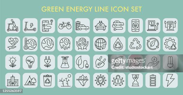 illustrazioni stock, clip art, cartoni animati e icone di tendenza di set di icone linea energetica verde - cambiamento