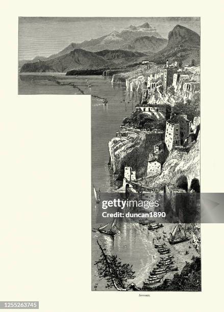 coastal city scene of sorrento, naples, italy, 19th century - mediterranean sea stock illustrations