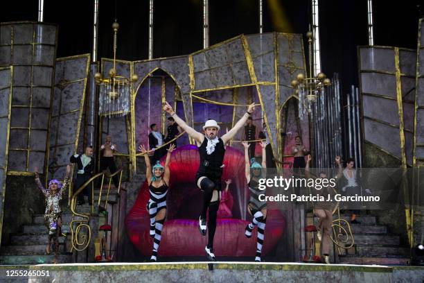 Alex O'Dogherty and the rest of "The Hole" cast performing at the presentation of the show at Escenario Puerta del Ángel on July 09, 2020 in Madrid,...