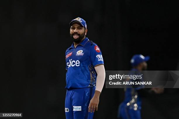 Mumbai Indians' Rohit Sharma gestures during the Indian Premier League Twenty20 cricket match between Mumbai Indians and Lucknow Super Giants at the...