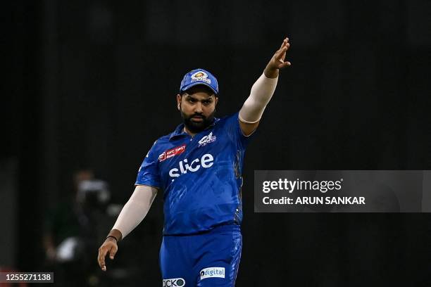 Mumbai Indians' Rohit Sharma gestures during the Indian Premier League Twenty20 cricket match between Mumbai Indians and Lucknow Super Giants at the...