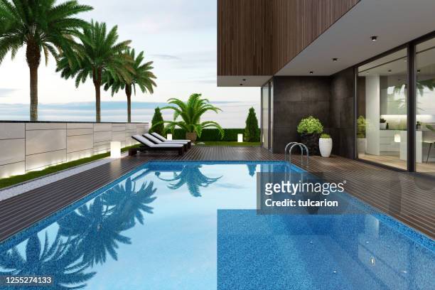 lussuosa villa sulla spiaggia con piscina e palme sulla scena del tramonto estivo - luxury foto e immagini stock