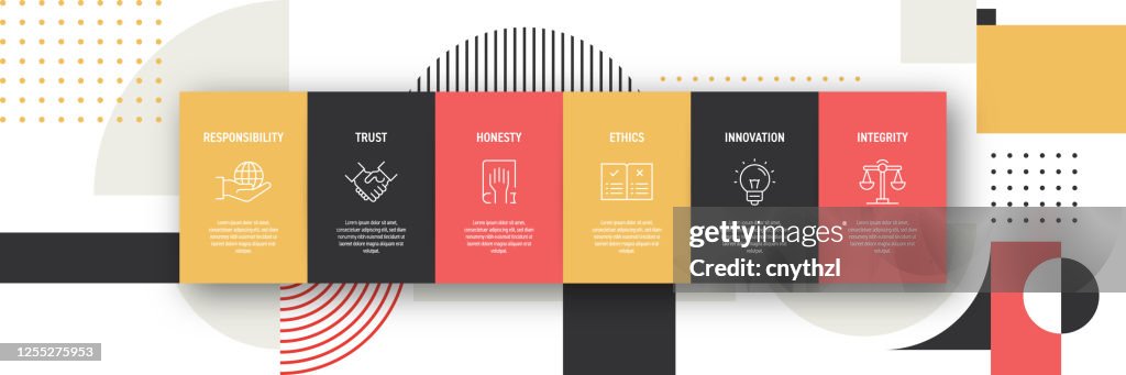 Core Values Related Process Infographic Design with Line Icons. Simple Outline Symbol Icons. Minimal Abstract Background