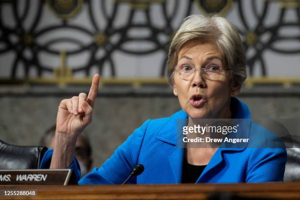 Sen. Elizabeth Warren questions former executives of failed banks during a Senate Banking Committee hearing on Capitol Hill May 16, 2023 in...