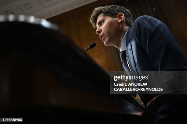 Samuel Altman, CEO of OpenAI, testifies during a Senate Judiciary Subcommittee on Privacy, Technology, and the Law oversight hearing to examine...