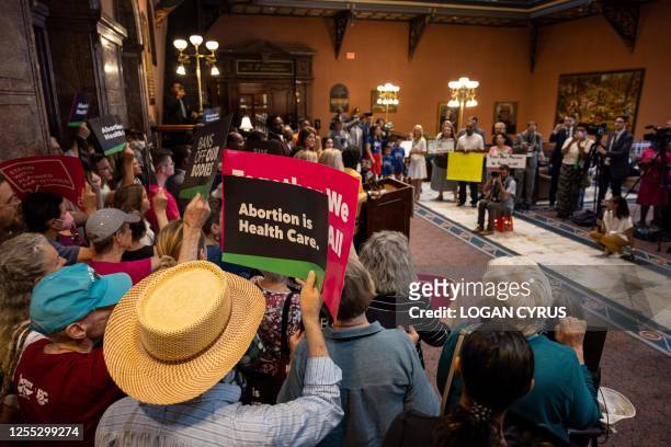 Abortion rights advocates and lawmakers hold a press conference before debate of a bill that would restrict abortions after six weeks, at the South...
