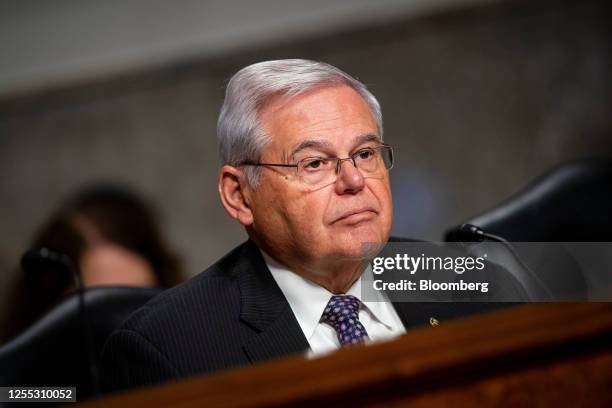 Senator Bob Menendez, a Democrat from New Jersey, during a Senate Banking, Housing, and Urban Affairs Committee hearing in Washington, DC, US, on...