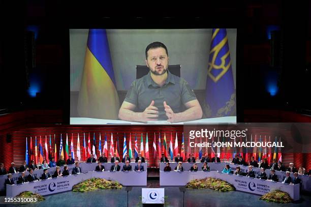 Ukraine's President Volodymyr Zelensky appears on screen to speak at the opening of the 4th Summit of the Heads of State and Government of the...