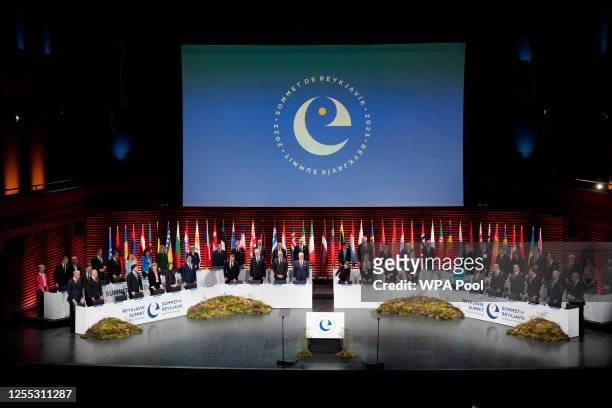 Heads of state and government stand during the opening of the Council of Europe summit on May 16, 2023 in Reykjavik, Iceland. Leaders from across the...
