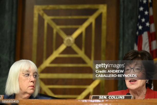 Senator Patty Murray and US Senator Susan Collins arrive for a Senate Appropriations Committee hearing on the 2024 proposed budget request, focusing...