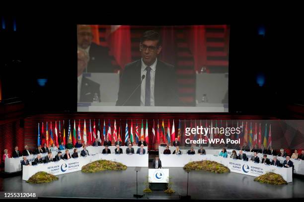 Britain's Prime Minister Rishi Sunak speaks during the opening of the Council of Europe summit on May 16, 2023 in Reykjavik, Iceland. Leaders from...