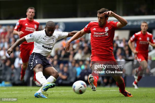 Jermain Defoe of Tottenham Hotspur scores his side's second goal during the Barclays Premier League match between Tottenham Hotspur and Liverpool at...
