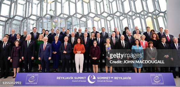 Participants in the 4th Summit of the Heads of State and Government of the Council of Europe, pose for the family photo at the Harpa concert hall in...