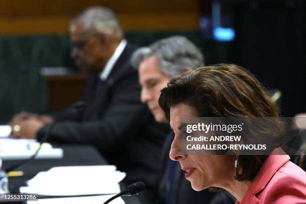 Defense Secretary Lloyd Austin, US Secretary of State Antony Blinken, and Secretary of Commerce Gina Raimondo testify during a Senate Appropriations...
