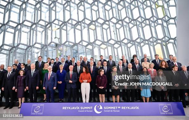 Participants in the 4th Summit of the Heads of State and Government of the Council of Europe, pose for the family photo at the Harpa concert hall in...