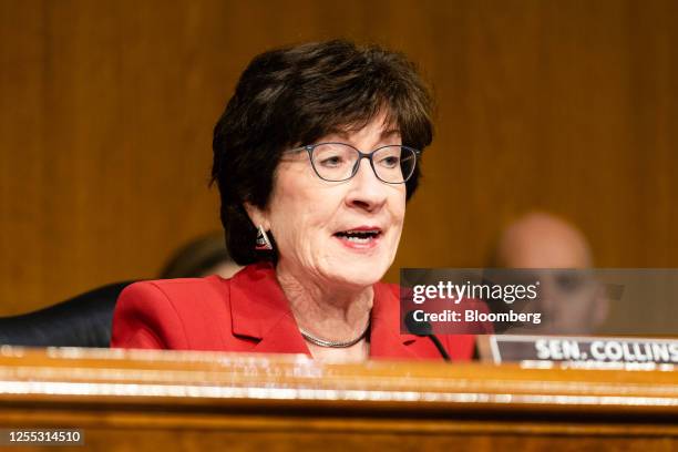 Senator Susan Collins, a Republican from Maine and ranking member of the Senate Appropriations Committee, speaks during a hearing in Washington, DC,...