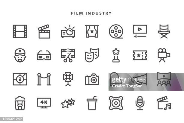 ilustraciones, imágenes clip art, dibujos animados e iconos de stock de iconos de la industria cinematográfica - equipo editorial