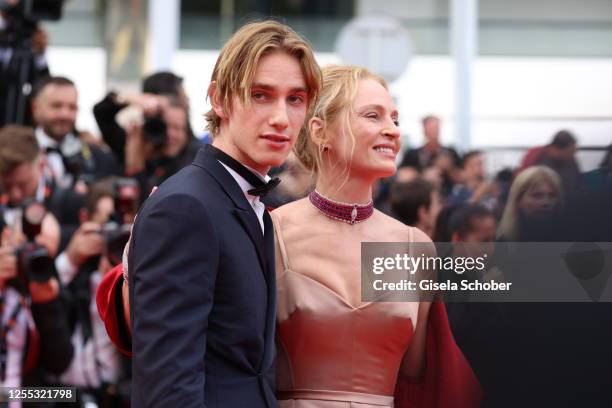 Levon Roan Thurman-Hawke and Uma Thurman attend the "Jeanne du Barry" Screening & opening ceremony red carpet at the 76th annual Cannes film festival...