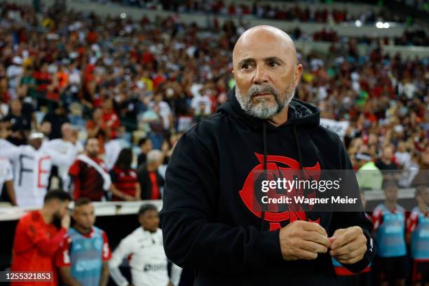 Jorge Sampaoli coach of Flamengo looks on during the first leg match of round of 16 of Copa do Brasil 2023 between Fluminense and Flamengo at...