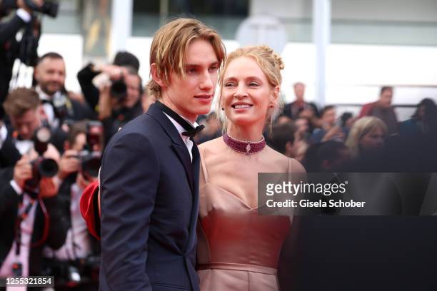 Levon Roan Thurman-Hawke and Uma Thurman attend the "Jeanne du Barry" Screening & opening ceremony red carpet at the 76th annual Cannes film festival...