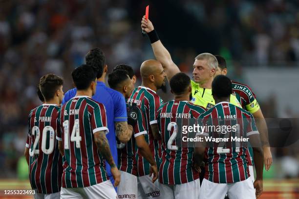 Felipe Melo of Fluminense receives a red card during the first leg match of round of 16 of Copa do Brasil 2023 between Fluminense and Flamengo at...